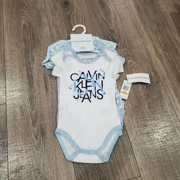 NEW Baby Calvin Klein Jeans One Pieces Size 12M Blue and White Onesie Set 4 Pcs