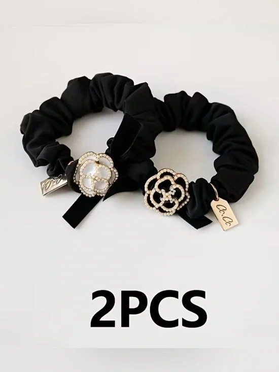 Camellia  Black and White Set 2 Pc Satin Scrunchy Pearl-Embellished Flower Charm