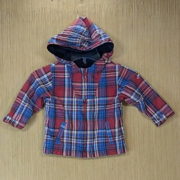 Vintage Y2K Baby Gap Toddler Boys Red Blue Plaid Hooded Windbreaker Jacket 3T