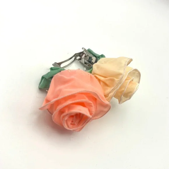 Vintage Fabric Cream Pink Rose Ponytail Hair‎ Clip Barrette Cottagecore Y2K Boho