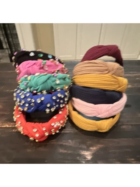 Women’s Multicolor Fabric Knotted Turban Headband with Beaded Accents Solid