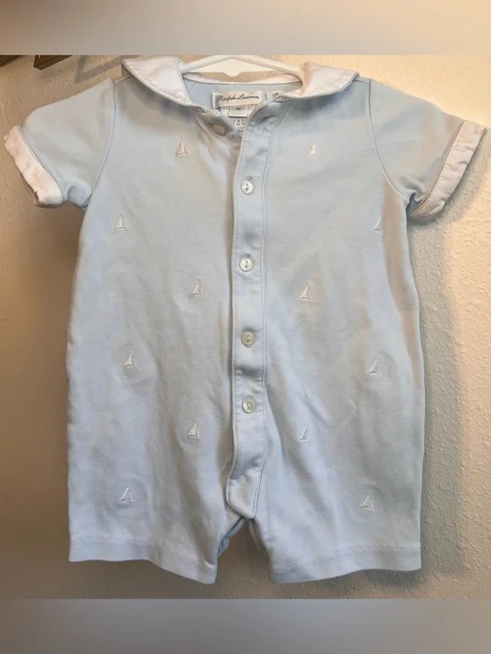 Ralph Lauren Baby Blue Sailboat Romper Shortall 3M Classic Nautical