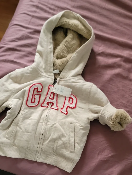 GAP Cream Sherpa-Lined Hoodie with Pink Logo