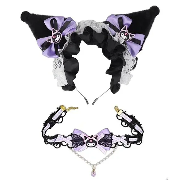 Cat Ears & Lace Necklace Cosplay Set Soft Faux Fur Plush Accessories for Costume