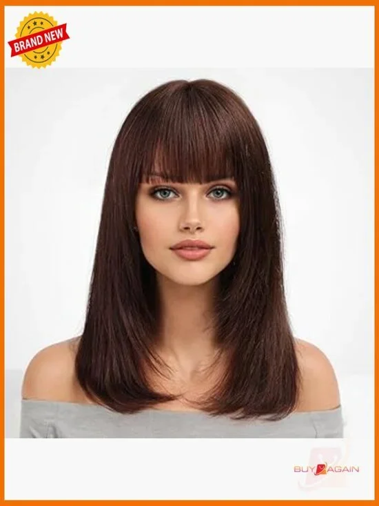 16 Inch Layered Straight Human Hair Wig with Bangs