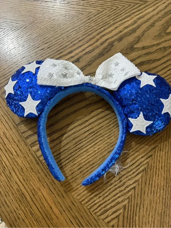 Disney Blue Sequin Minnie Ears Headband with White Star Bow