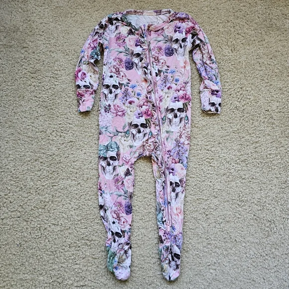 Posh Peanut bamboo one piece footie pink floral skulls ruffles size 18-24 months