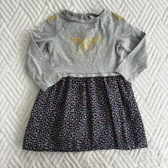 Gap Kids Girls 3T Wonder Woman Dress Metallic Logo Floral Skirt DC Comics