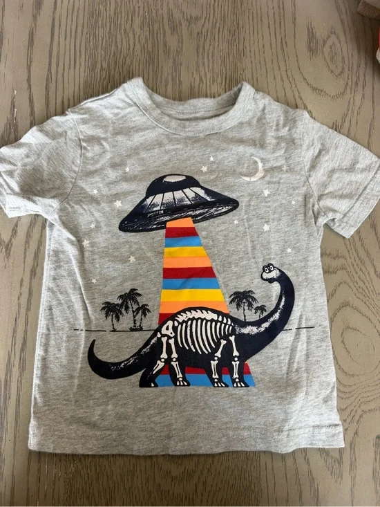 GAP Grey Tee with Navy Dinosaur Skeleton & Rainbow Beam UFO