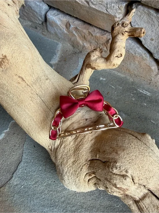 New🌟Free People-Gold Hair Claw Clip with Burgundy Bow
