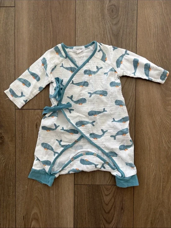 Angel Dear White Whale Print Wrap One-Piece with Teal Trim