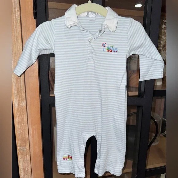 Kissy Kissy embroidered trains coverall henley pima striped collar polo pique