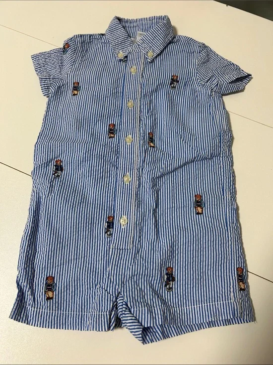Ralph Lauren Blue and White Striped Baby jumper with Bear Embroidery