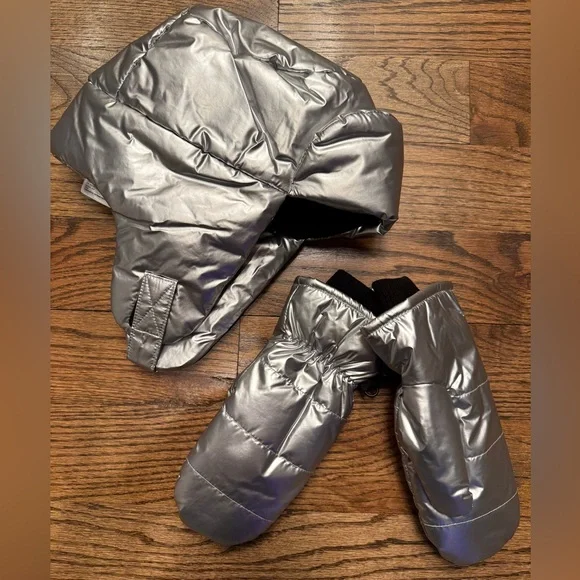 Gap Kids Metallic Puffer Trapper Hat and Puffer Mittens Set, NWT
