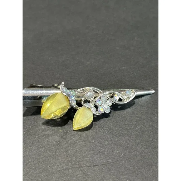 Silver Tone Yellow Teardrop AB Rhinestone Filigree Alligator Hair Clips Set of 2