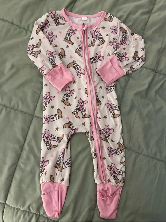 Source Unknown Pink and Brown Cowgirl Boot Print Baby Footed One-Piece