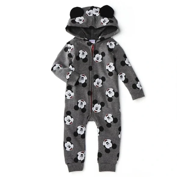 Disney Gray Mickey Mouse Hooded One-Piece Bodysuit