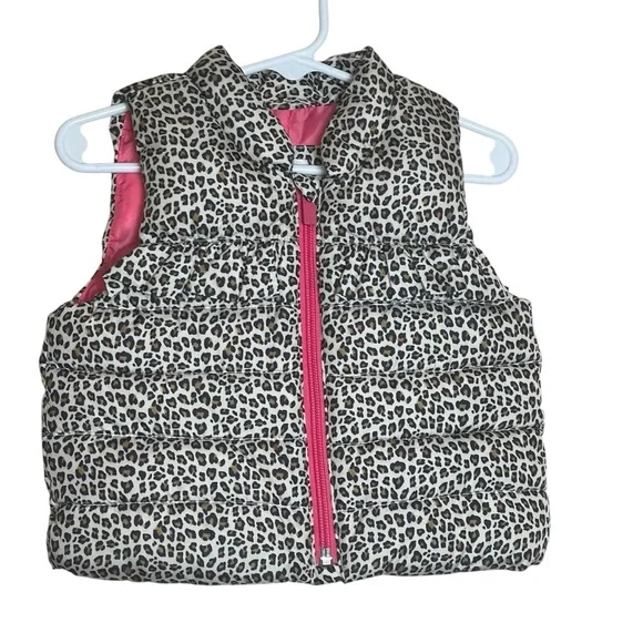 Baby Gap Puffer Leopard Print Vest‎ Toddler 6-12 Months Full Zip Pink Lining