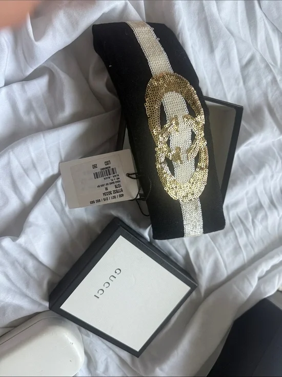 Gucci Black and White Sequin GG Headband with Gold Logo