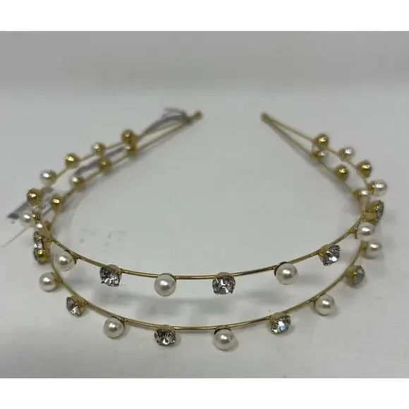 Jennifer Behr Double Row Pearl and Crystal Gold Headband