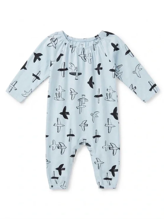 Tea Collection Light Blue Seabirds Long Sleeve Romper Longall 3-6 Months