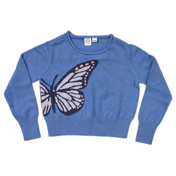 NWT Gap Kids Girls Spring Blue Butterfly Crew Neck Sweater Youth Size XS 4/5