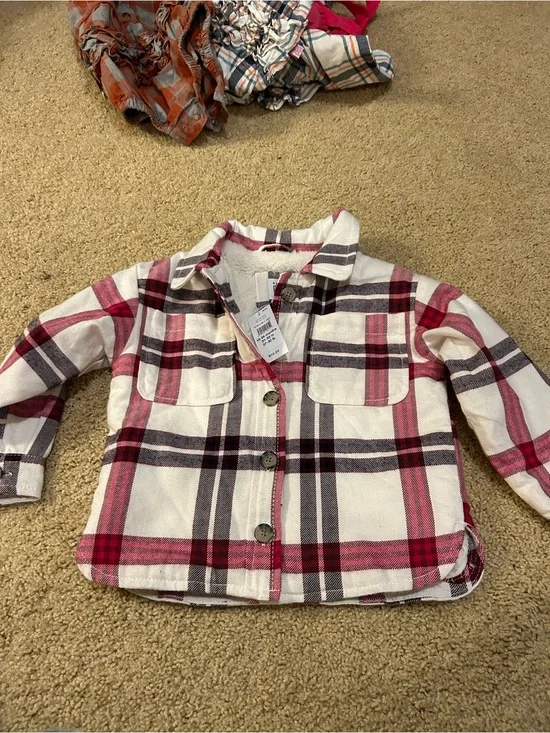 GAP Girls Plaid Button-Down Shirt Jacket in White, Pink & Gray. NWT