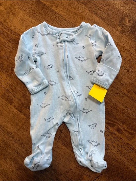 Carter's Light Blue Footed One-Piece with Navy Dinosaur Print