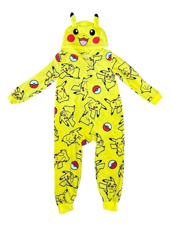 Pokemon Pikachu Union Suit Pajamas Kids 4-5 Yellow All Over Print Costume Hooded