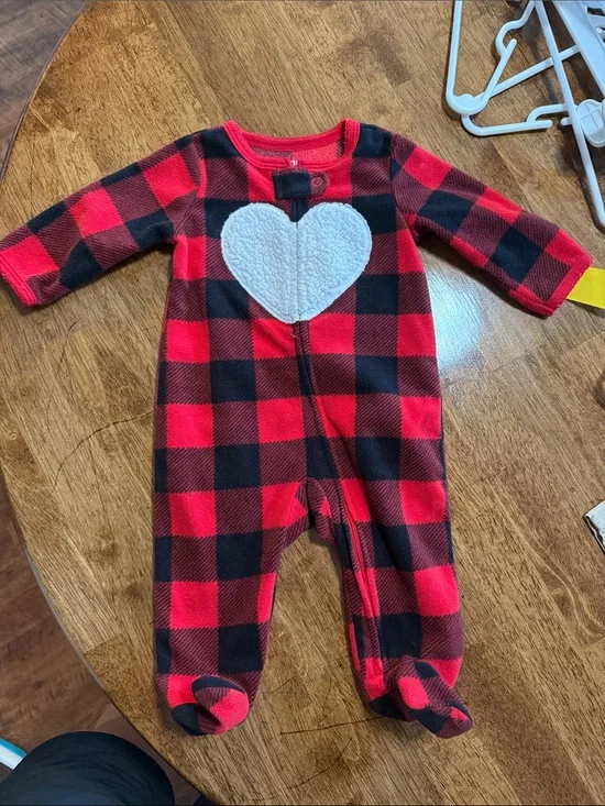 Carter's Red and Black Buffalo Plaid Footed One-Piece with White Heart