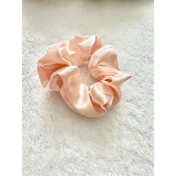 Peachy pink color satin hair scrunchie