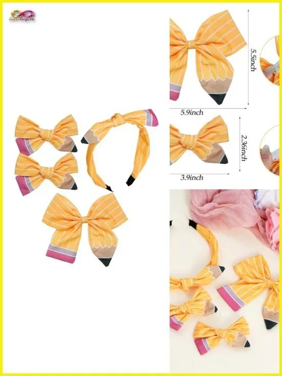 4 Pencil Hair Bow Clips & Headband Set Back to School Accessories Girls