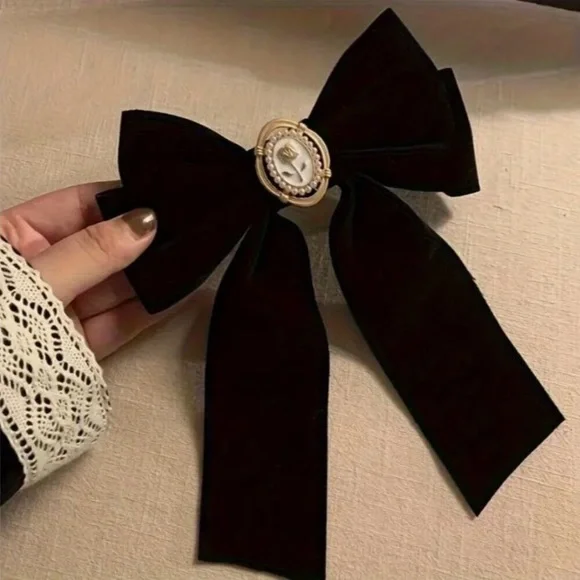 NEW Romantic Victorian Girl Black Velvet Gold Rose Bow Hair Clip