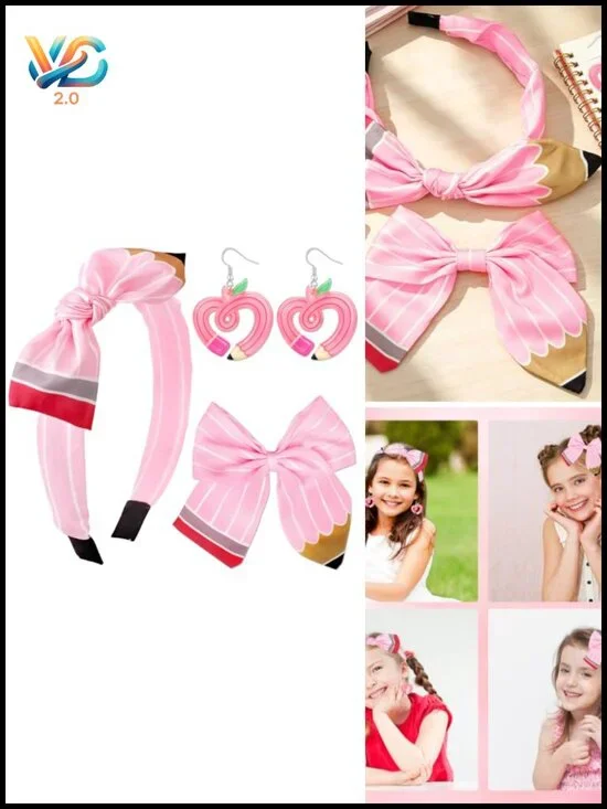 3 Pcs Back to School Pencil Hair Bows Clips Headband Set