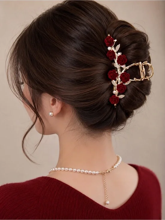 Romantic Red Rose Hair Claw Clip Gold Floral Rhinestone Updo Accessory