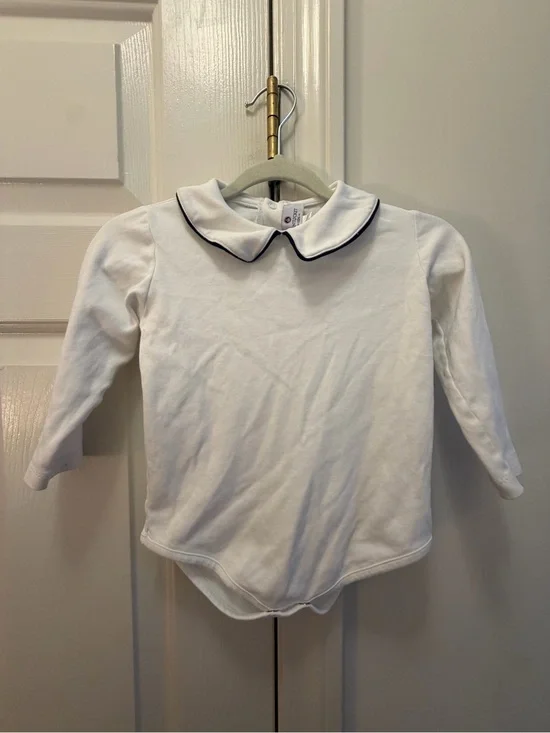 Nantucket Kids Peter Pan Collar Long Sleeve Bodysuit White Navy Trim 18-24M