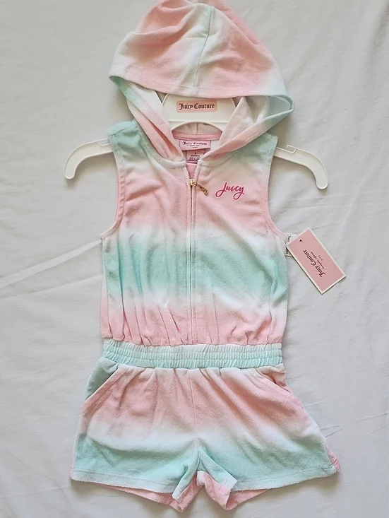 NWT Juicy Couture Kids Girl Tie Dye Velour Hooded Romper Size 5