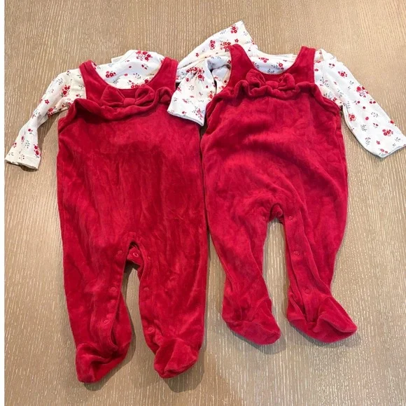 First Impressions Baby Girls Red Velour Floral Footed Romper Lot 6-9 Months
