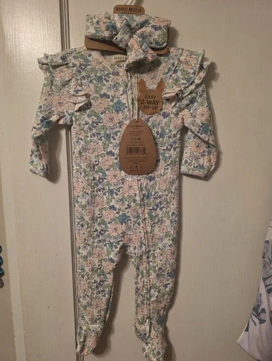 Floral Ruffle Baby One-Piece - Pastel Pink & Green