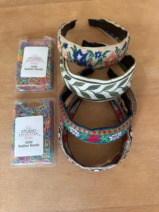 Embroidered Floral Headbands & Kids Studio Selection Colorful Rubber Bands Lot
