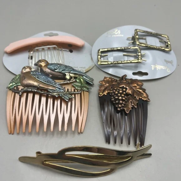 Vintage-Inspired Hair Comb Set with Bird and Grape Designs