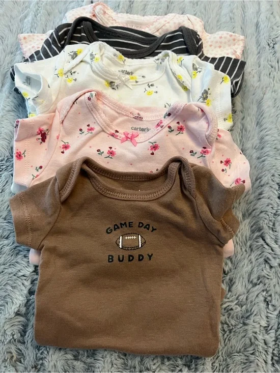 Carter's Five-Pack Baby Onesies in Brown, Pink, White, Gray, and Yellow