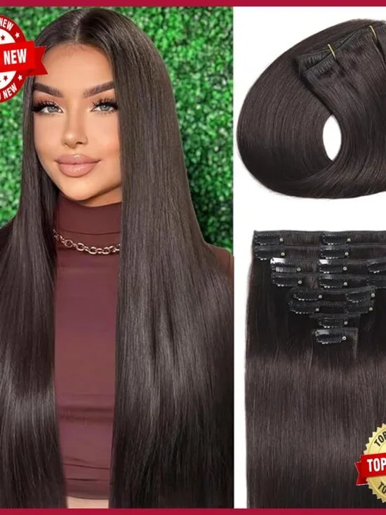 18 Inch Clip In Human Hair Extensions 8 Piece Set Straight Double Weft