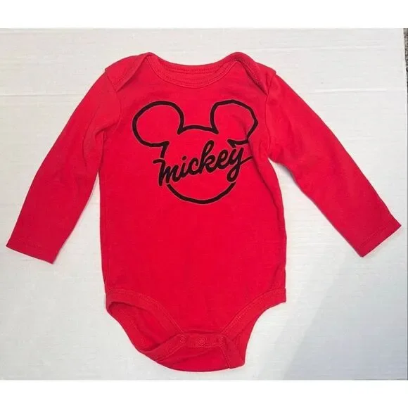 Disney Baby Red Mickey Long Sleeve Bodysuit   Boys Size 6-9 Months