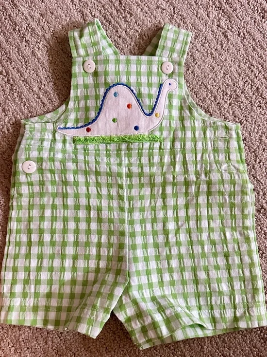 Florence Eiseman Green and White Gingham Dino Appliqué One-Piece