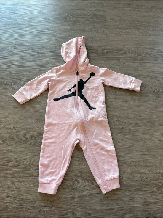 Jordan Baby Pink Hooded One-Piece Romper - 12 Months