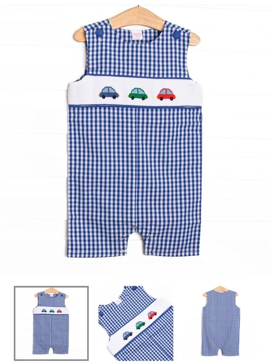 Stitchy Fish 18 Month Blue Gingham Smocked Baby Jon Jon with Cars