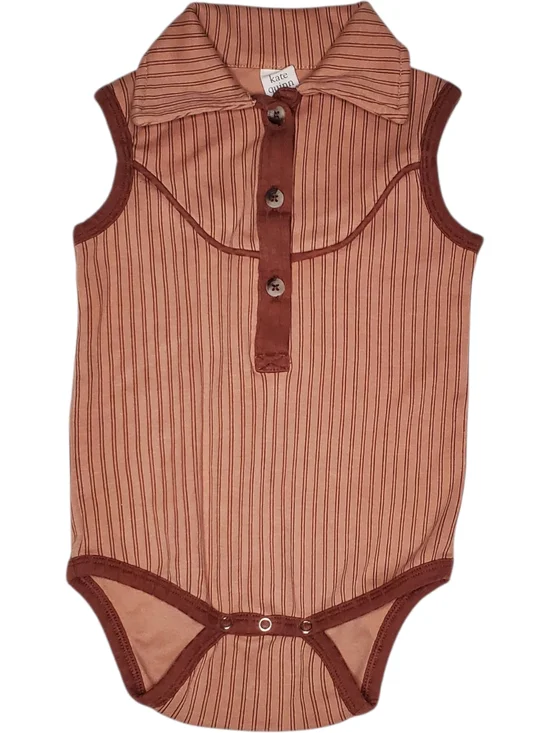 Kate Quinn Organic Cotton Ribbed Sleeveless Polo Bodysuit‎ Mauve Stripe 12-18M