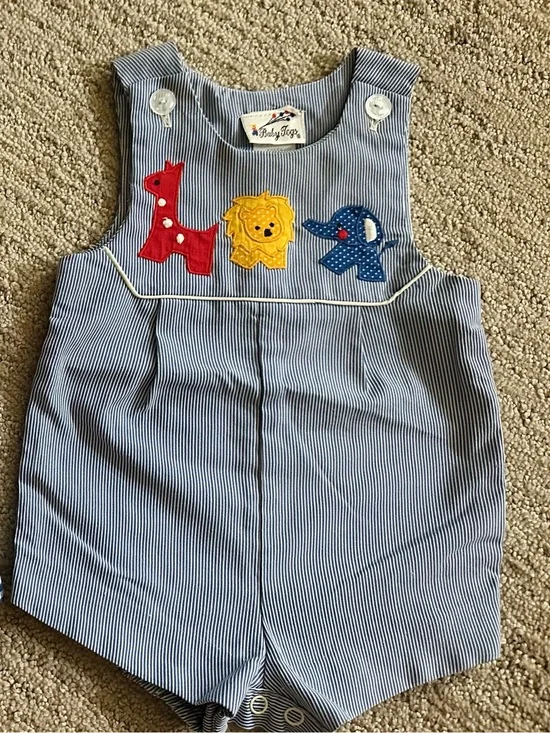 BabyTogs Blue Pinstripe Animal Applique One-Piece Romper