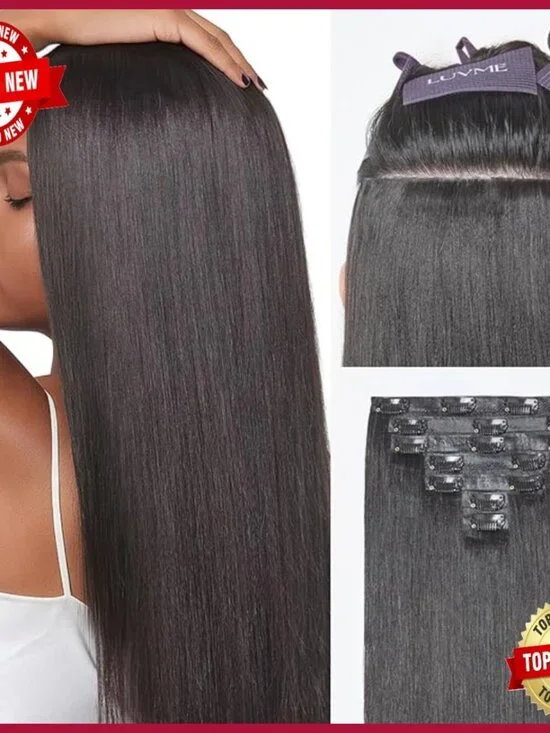 24 Inch Yaki Straight Human Hair Clip In Extensions 6 Piece Set